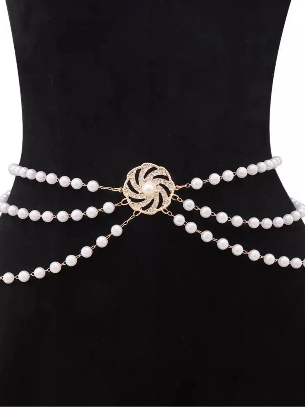 Anthropologie White Pearl Multi-Strand Waist Chain with Gold Medallion